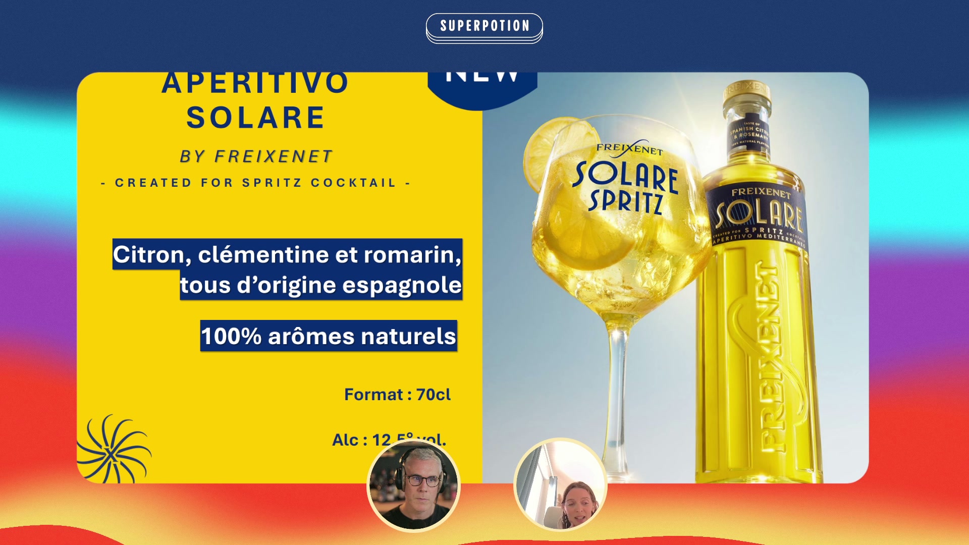 Écran partagé montrant la collerette et la PLV de Solare qui rappellent la recette du Spritz en magasin